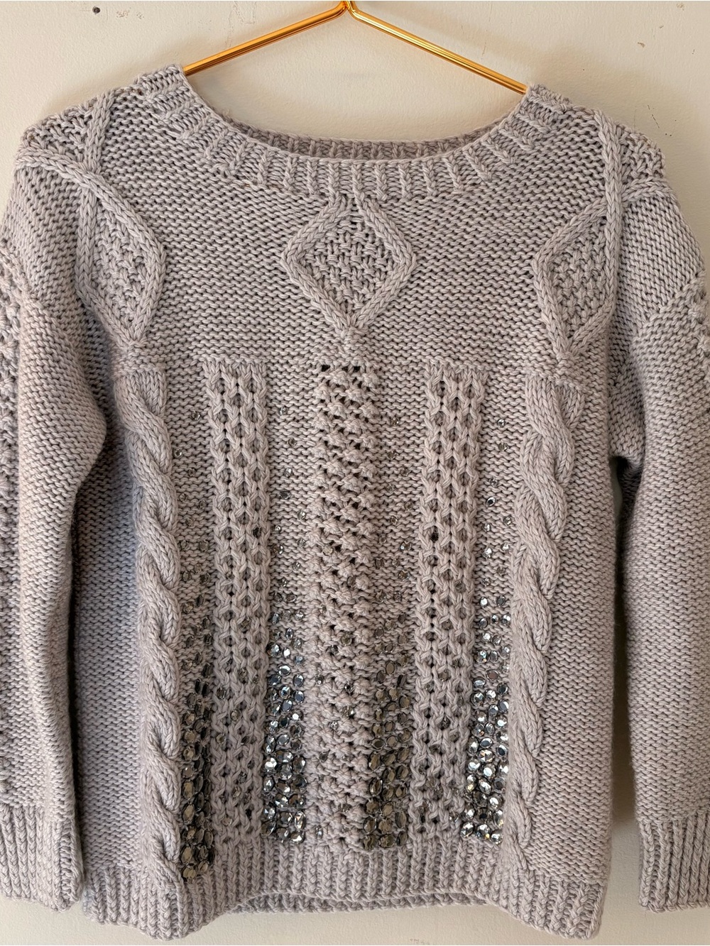 J. Crew Collection Light Gray Cable Knit Crewneck Sweater with Jewels Sequins